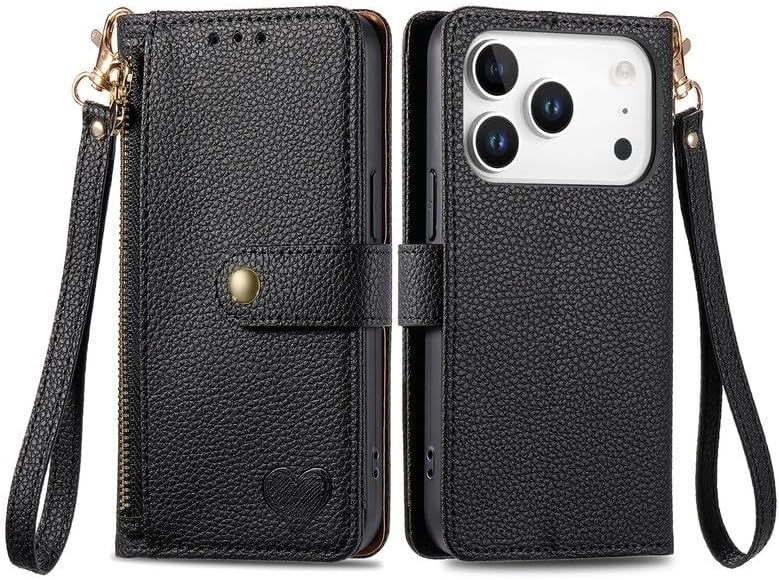 case Compatible with iPhone 17 (Color: Black) Leather Wallet Zipper Flip Back Case Cover