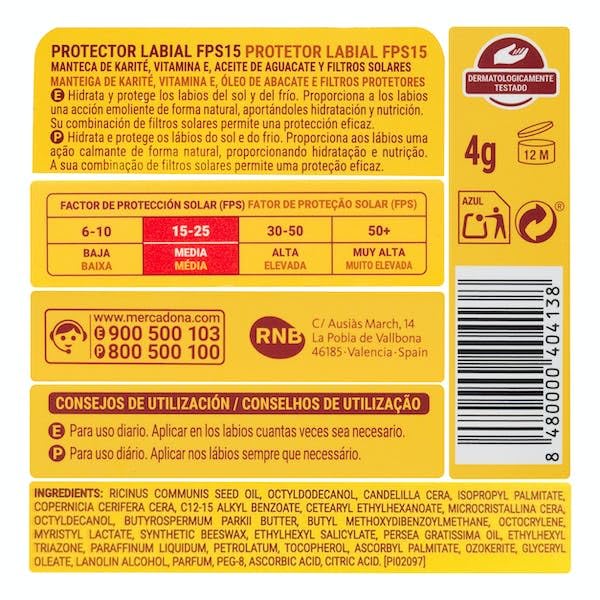 Protecteur à lèvres 4 g FPS 15 Deliplus. Beurre de karité, vitamine E, huile d'avocat et filtres solaires.