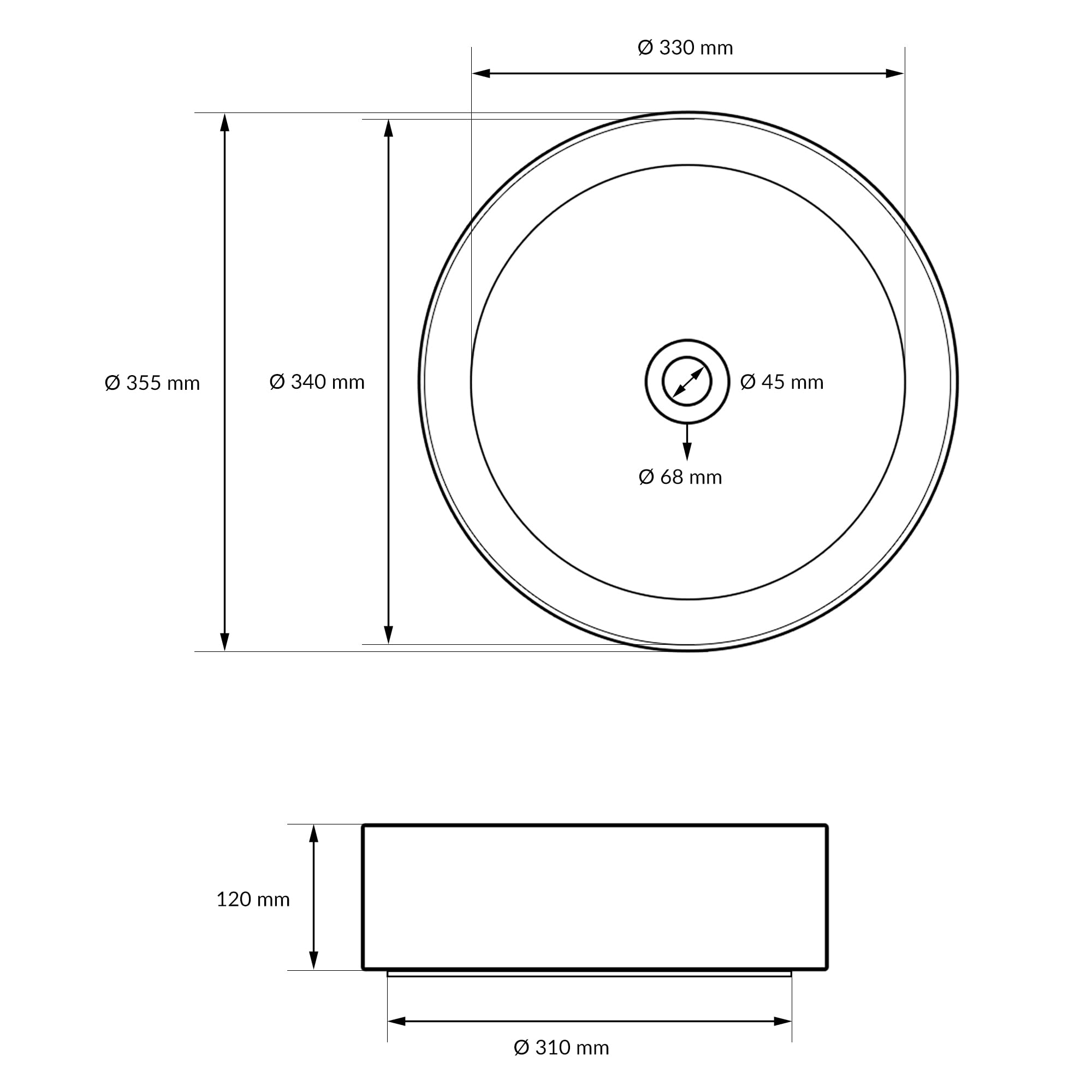 ECD Germany Lavabo Ronde en Céramique, Ø 355 x 120 mm, Blanc, avec Garniture de Vidage 1 1/4, pour Lavabo sans Trop-Plein, Vasque à Poser, Évier Moderne, Lave-Mains, Cuvette Salle de Bain Toilette