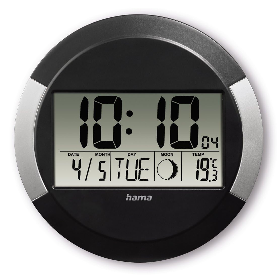 Hama Wall Clock with Radio Control, Digital (Silent Atomic Clock, DigitalClock with LCD Display, Calender, Thermometer, Moon Phase, Battery Included, Wall-Mount or Table Clock) Black-Silver
