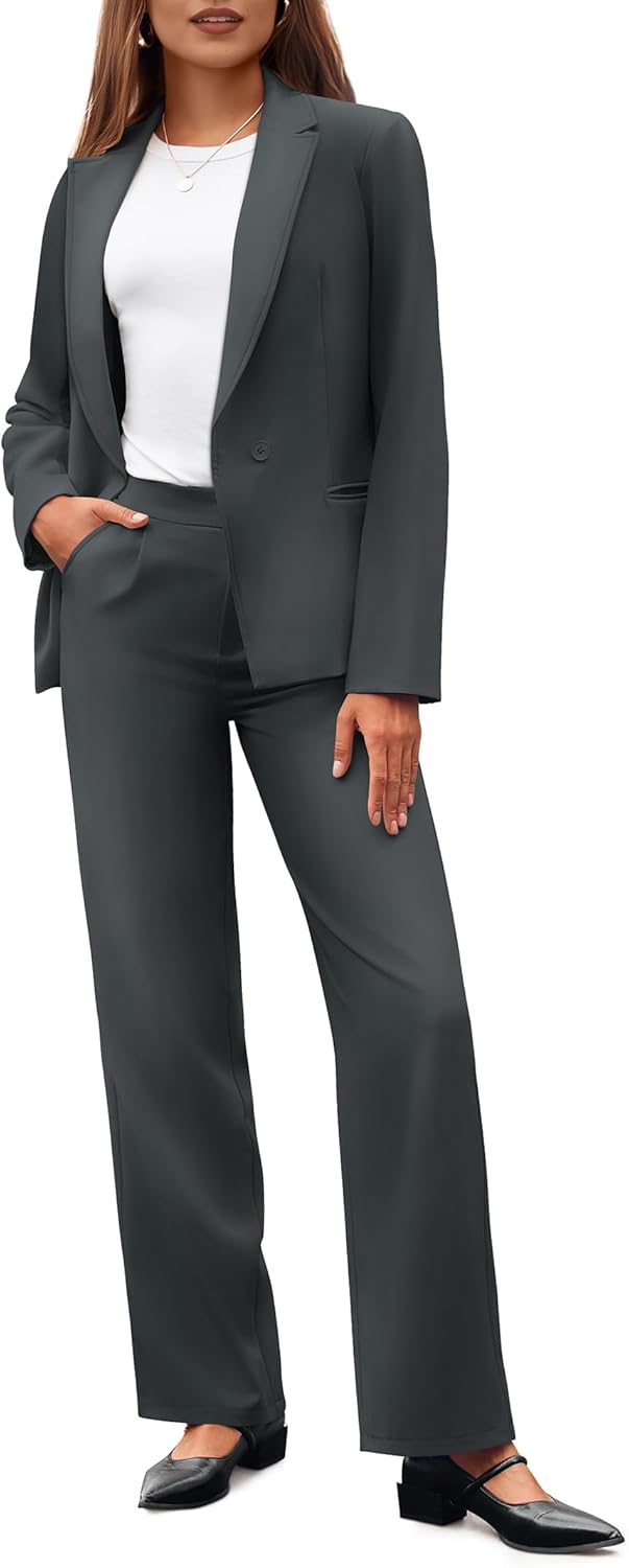 Casly Lamiit Pant Suits for Women Dressy Casual 2 Piece Work Pantsuits Business Professional Outfits Blazer Set Formal Clothes Dark Grey L
