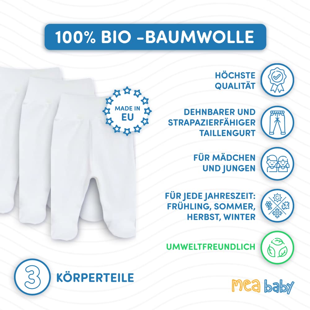MEA BABY Unisex Baby Hose mit Fuß aus 100% Bio-Baumwolle im 3er Pack. Baby Strampelhose mit Fuß. Babyhose mit Fuß Jungen Baby Hose mit Fuß Mädchen.