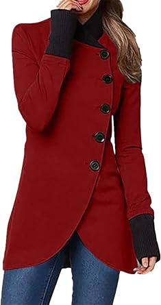 BOFETA Womens Winter Solid Color Long Sleeve Pea Coats Single Breasted Casual Irregular Hem Slim Trench Coats