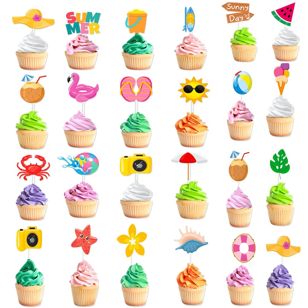 Amazon.co.jp: tiecawk 48ピース サマーカップケーキトッパー ビーチ