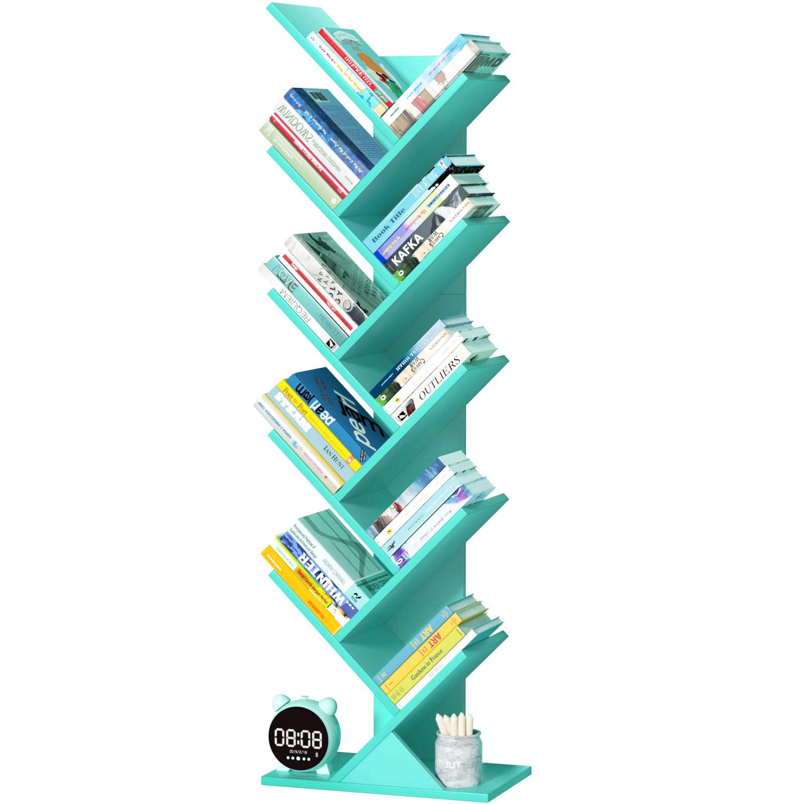 LELELINKY Bücherregal Baumform, Standregal 10 Ebenen für Bücher/CDs/Zeitschriften, DVD Bücherregal Holz, Bücher Regal für Wohnzimmer, Schlafzimmer und Heimbüro, Grün