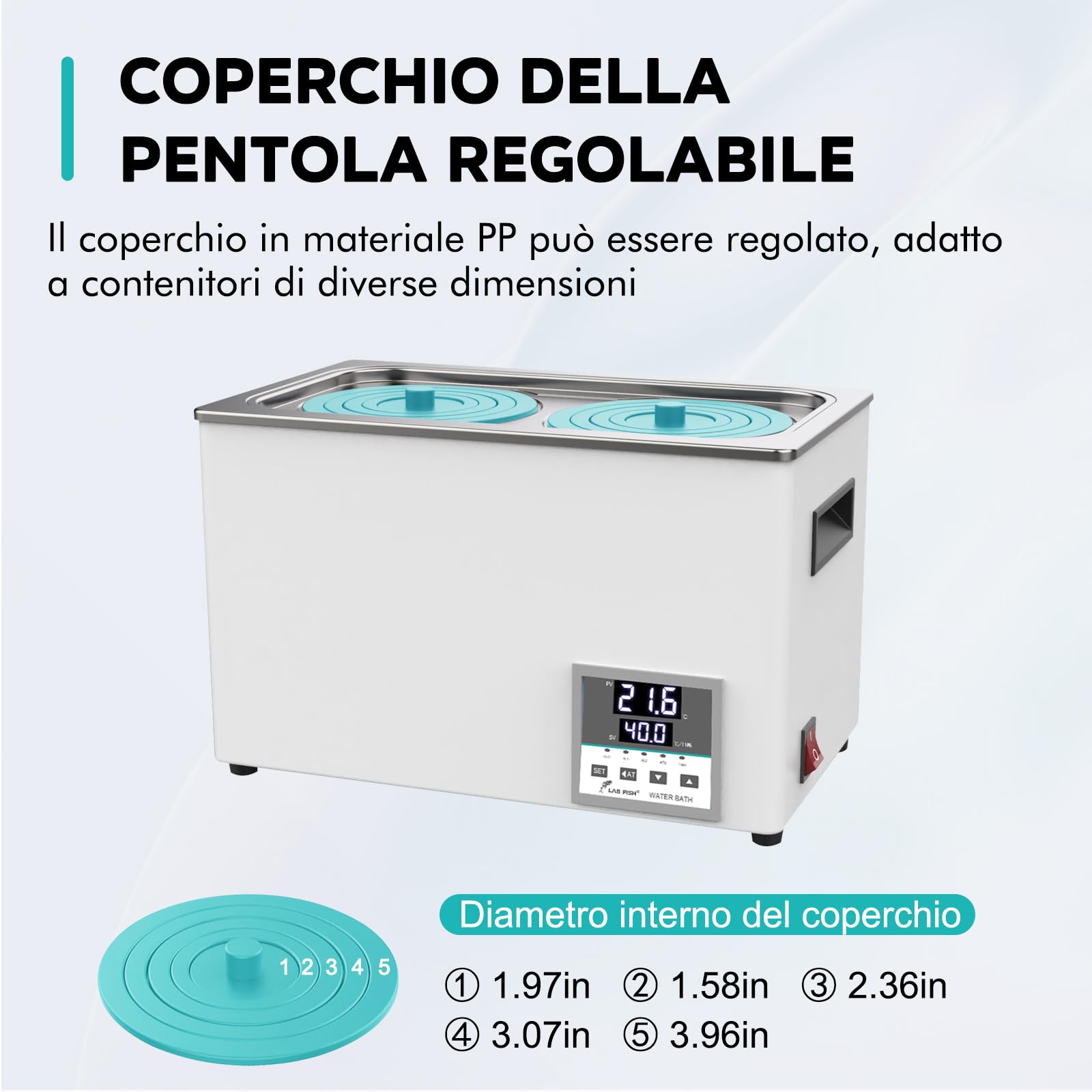 LAB FISH Bagnomaria da Laboratorio Termostatico Bagno d'acqua 6L, 600W - Doppia Apertura, Acciaio Inox - Termostato di Precisione ±0,1°C - Timer 0-999min - Display LED