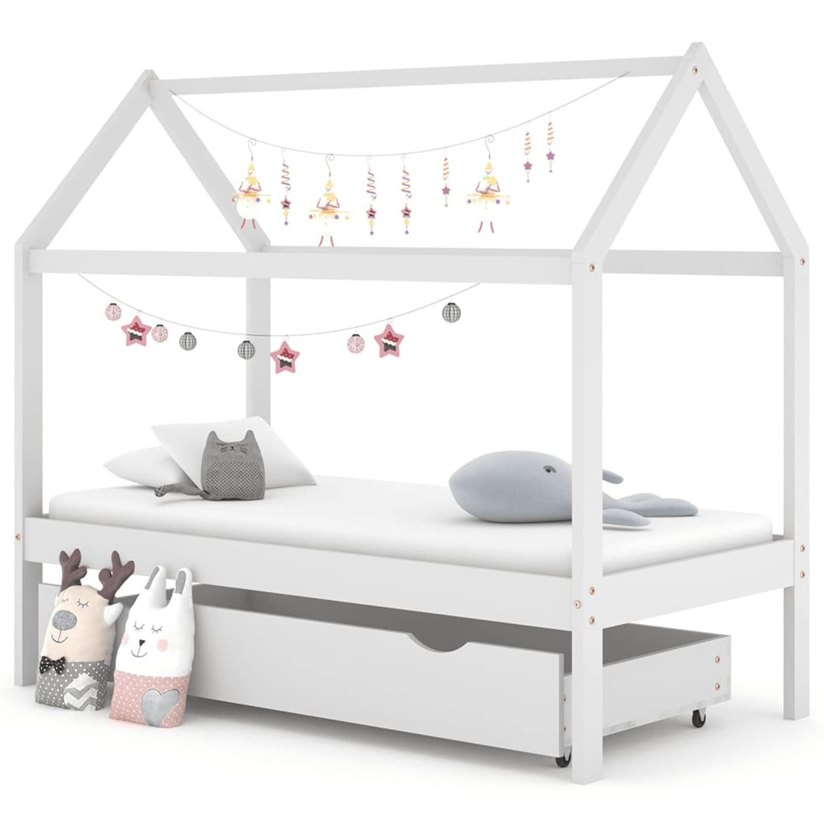 Chusui Kinderbett mit Schublade, Kinderbett, Hausbett, Betten, Kinder Bett, Weiß Massivholz Kiefer 80x160 cm