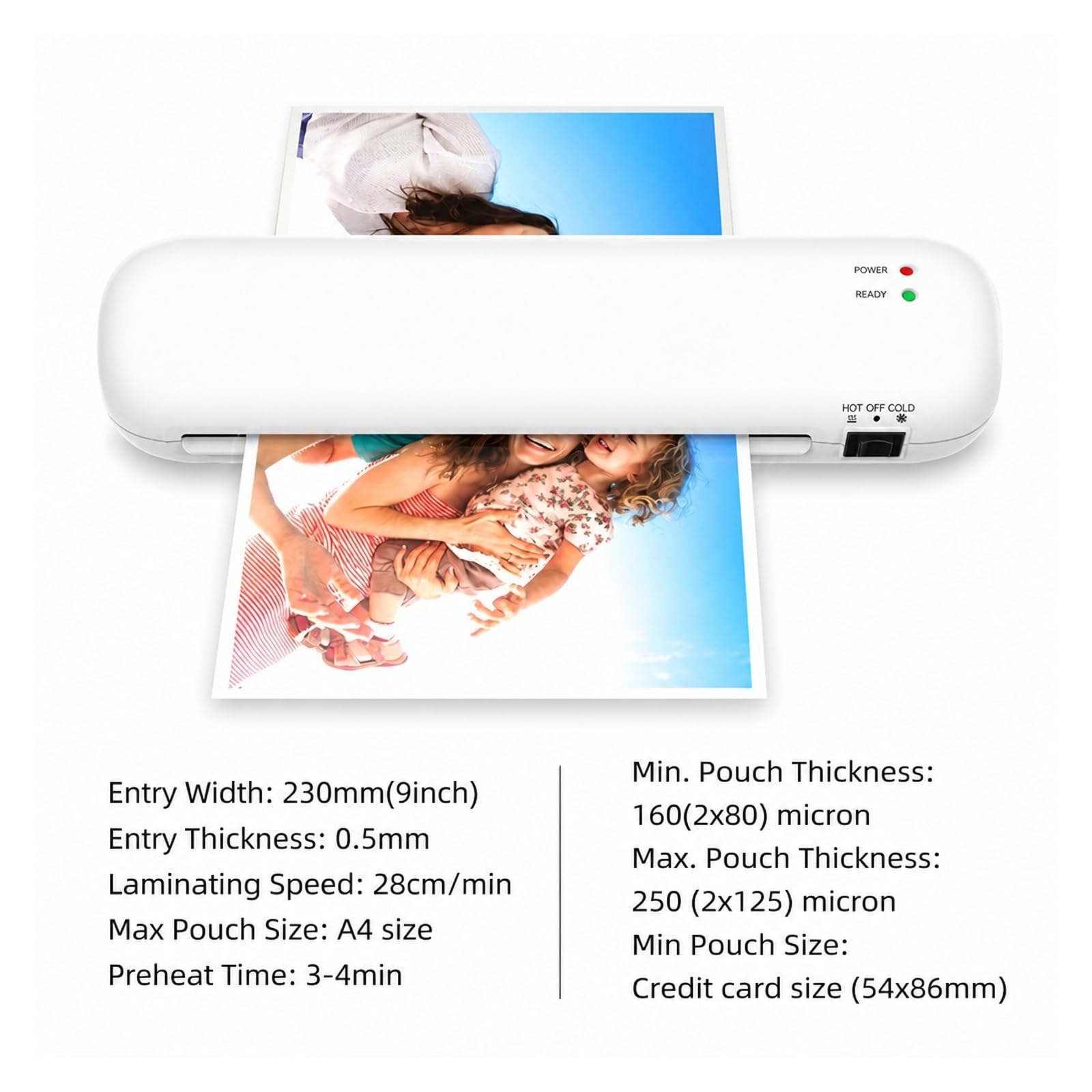 Laminator, Laminator Stołowy, Rozmiar A4 do domu i biura | Laminowanie Na Gorąco I Zimno, System 2 Rolek, Maksymalna Szerokość 9 Cali