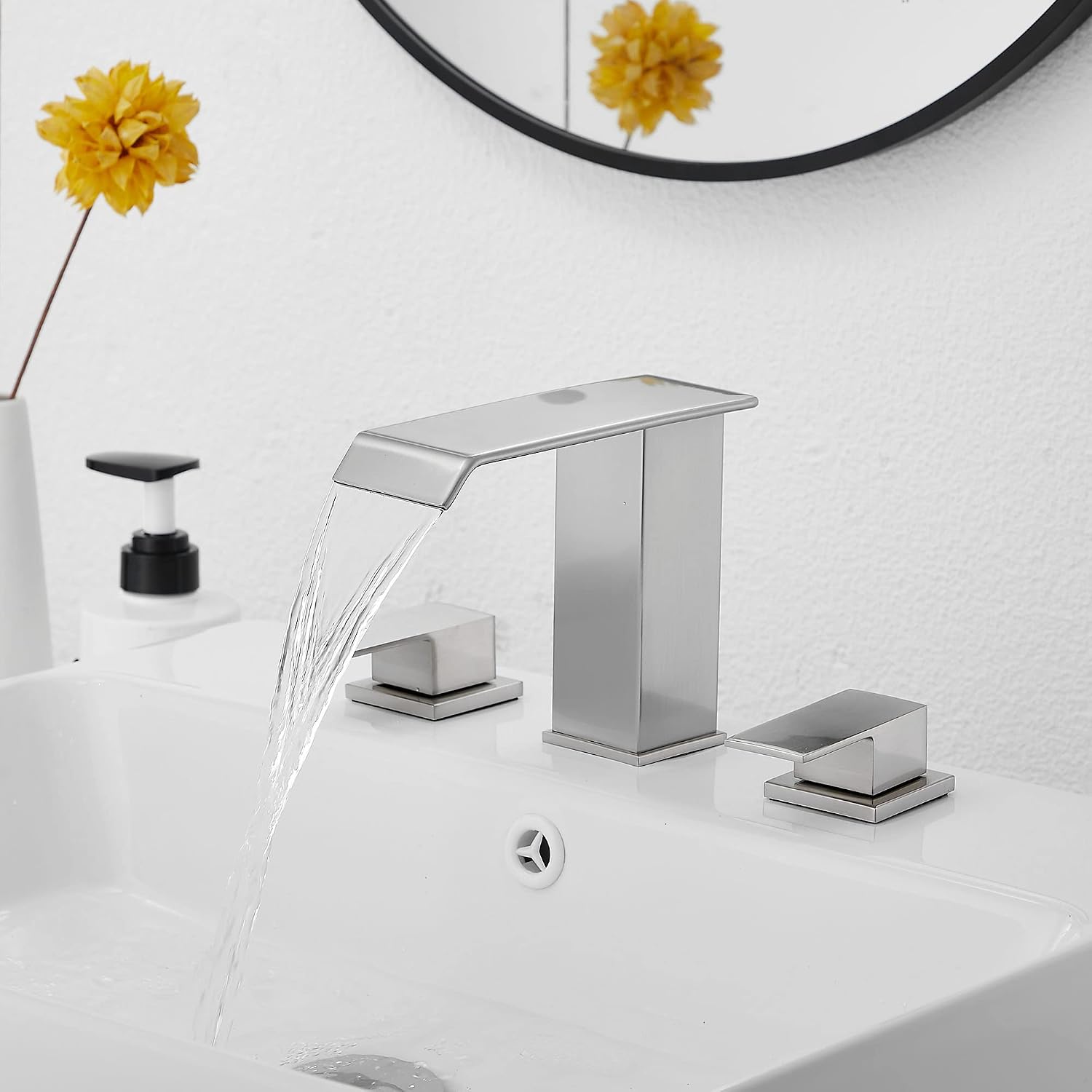 Bathroom Faucet Brushed Nickel Widespread GGStudy 3 Holes 2 Handle Waterfall Modern Bathroom Sink Faucet with Pop Up Drain