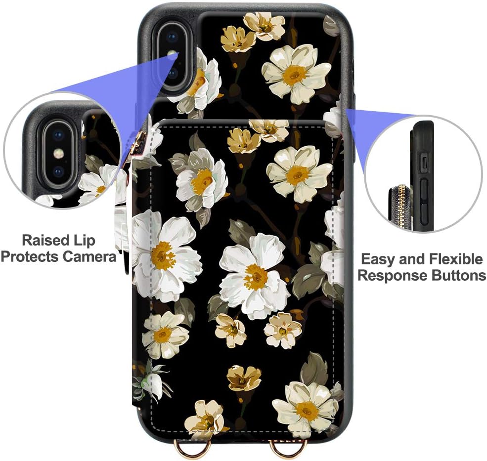 LAMEEKU iPhone Xs Max Case, iPhone Xs Max Wallet Case, Zipper Leather Card Holder Case with Card Slot Wrist Strap Crossbody Chain, Protective Cover for iPhone Xs Max 6.5'' - Peony Flower