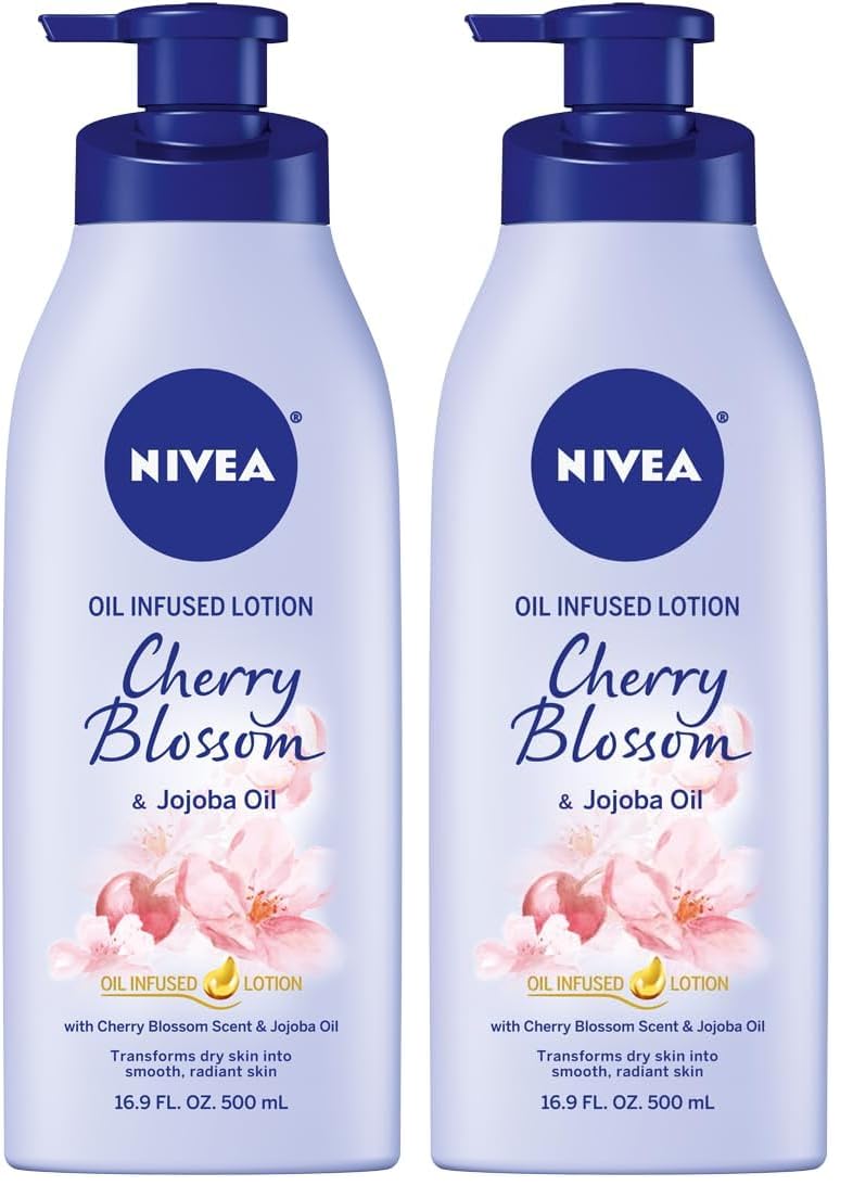 NIVEA Oil Infused Cherry Blossom and Jojoba Oil Body Lotion for Women, Fast-Absorbing and Non-Greasy Cherry Blossom Scented Lotion Moisturizes for 48 Hours, 16.9 Fl Oz Pump Bottle (Pack of 2)