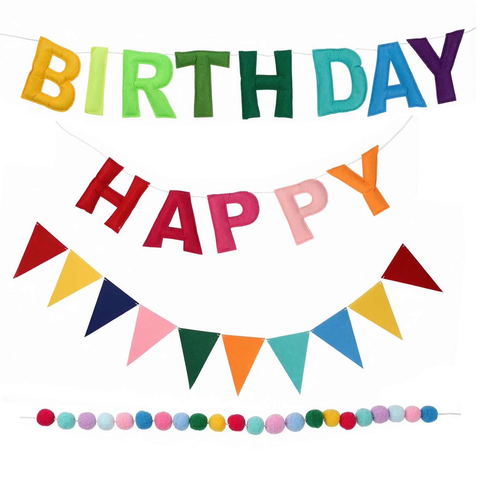 Pre-Strung Happy Birthday Decorations with Happy Birthday Felt Banner Sign, Felt Ball Garland & Triangle Bunting, Reusable Rainbow Party Decorations for Girls Boys Women Men