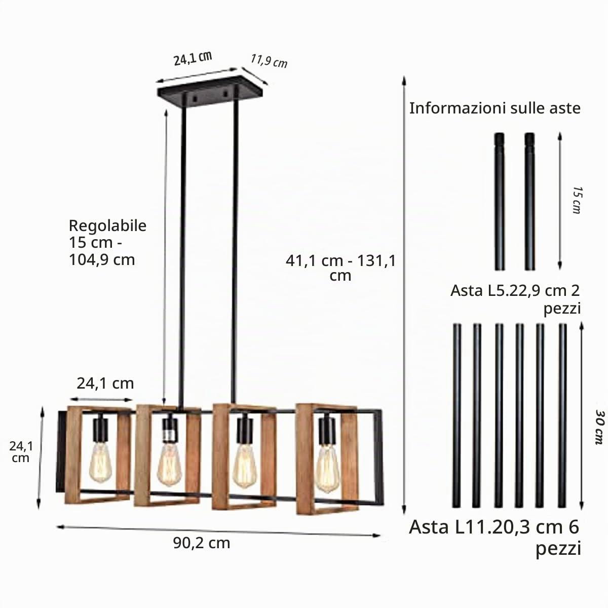 Illuminazione dell'isola della cucina della luce nera, legno e metallo lampade da tavolo da biliardo Lampadari Lampada da soffitto, altezza regolabile delle luci della camera da letto soffitto