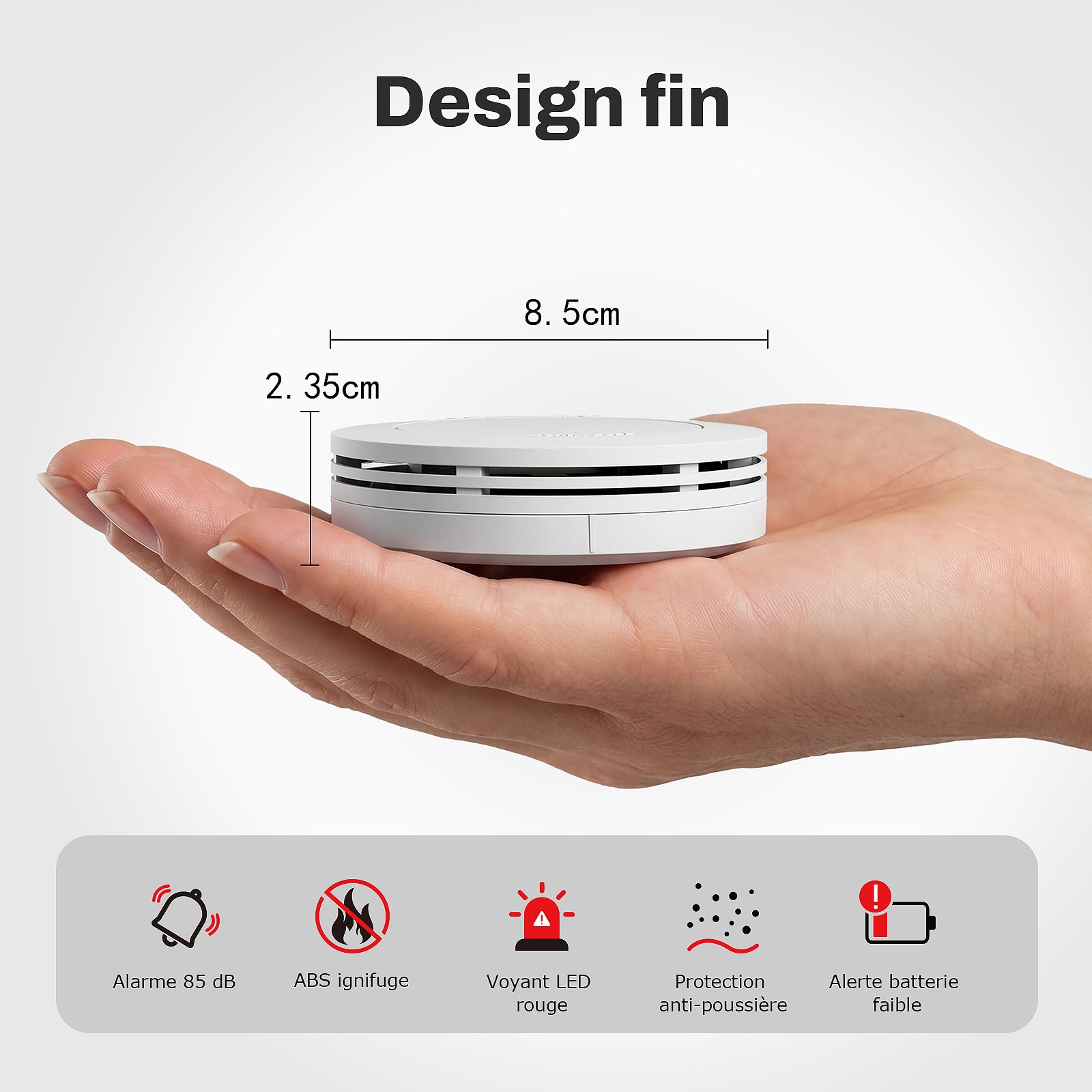 Safeliveo Détecteur de fumée, Alarme Incendie Ultra-Fin, Batterie 10 Ans, sans LED Clignotante, Fonction Test et Silencieux, 85 DB, avec tampons adhésifs, Lot de 3