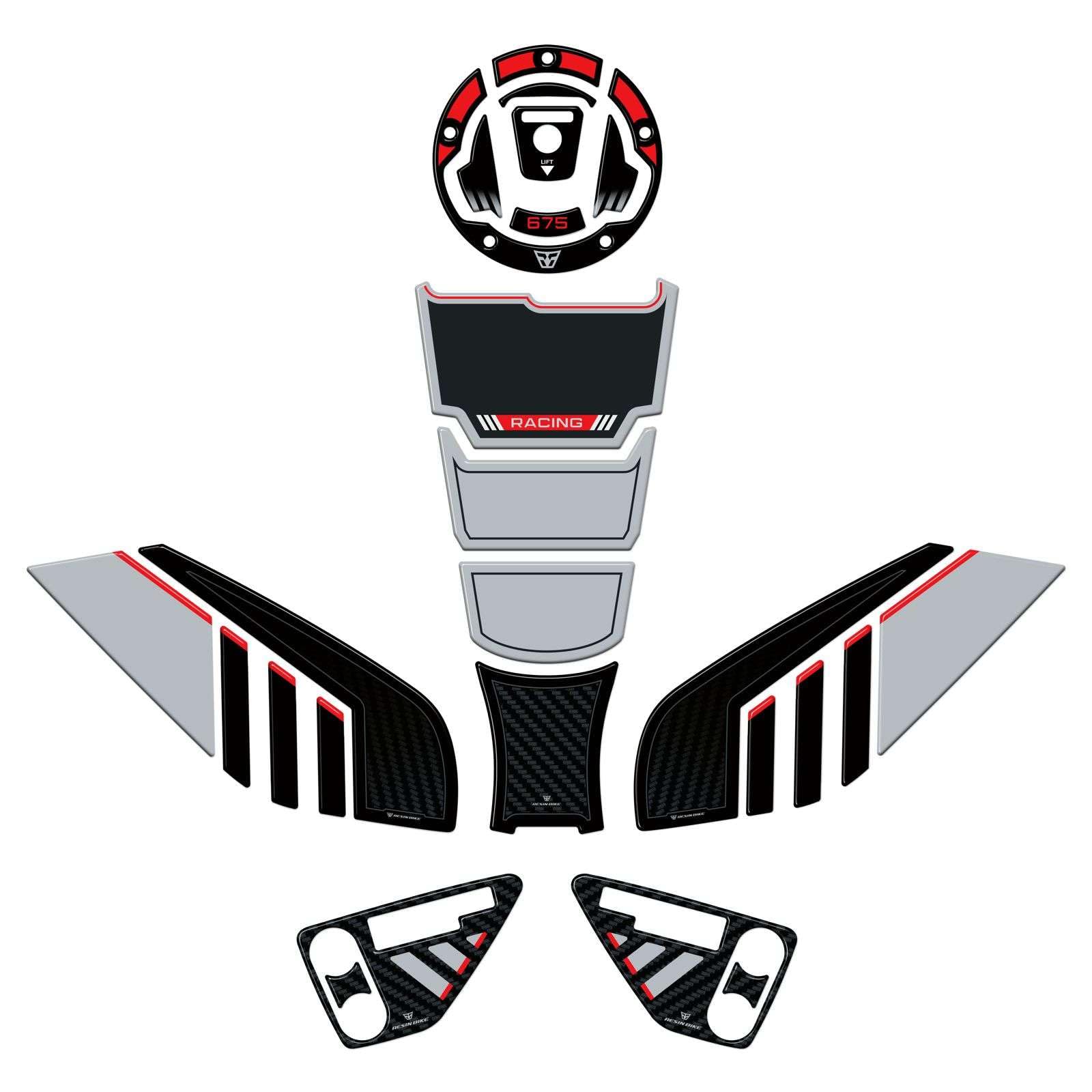 Resin Bike Kit Autocollant Moto Compatibles avec CF Moto 675 SR-R 2025-2026. Protection Grip de Réservoir Moto Contre Les Chocs et Les Éraflures. Kit Autocollant 3D Résinés Made in Italy