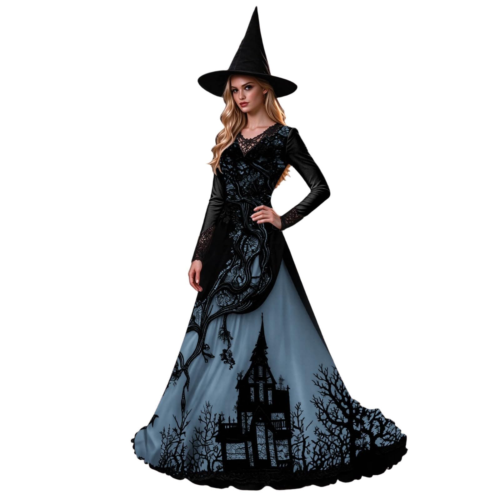 Witch Halloween Costume For Women Elegant Gothic A-Line Lace Dress — image 1