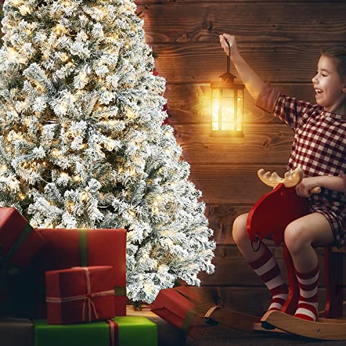 Okicoler Snow Flocked Artificial Holiday Christmas Pine Tree For Home, Office, Party Decoration W/ 250 Warm White Lights, Metal Hinges & Base, 6.5Ft #TOP4