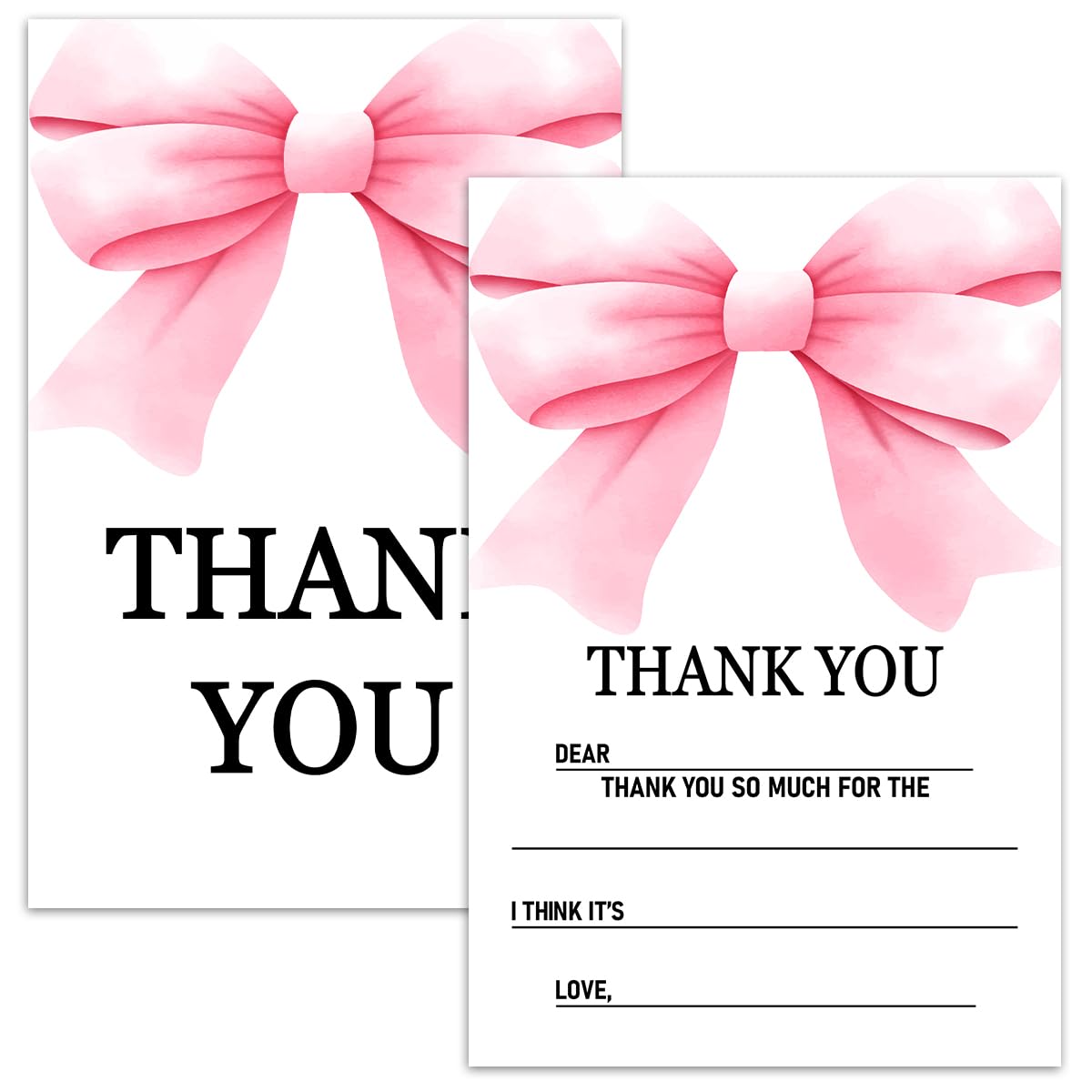 Nopoben Pink Bow Kids Fill in the Blank Thank You Cards for Bow Birthday Party Supplies Decor, Thank You Notes for Boys or Girls, 20 Cards With 20