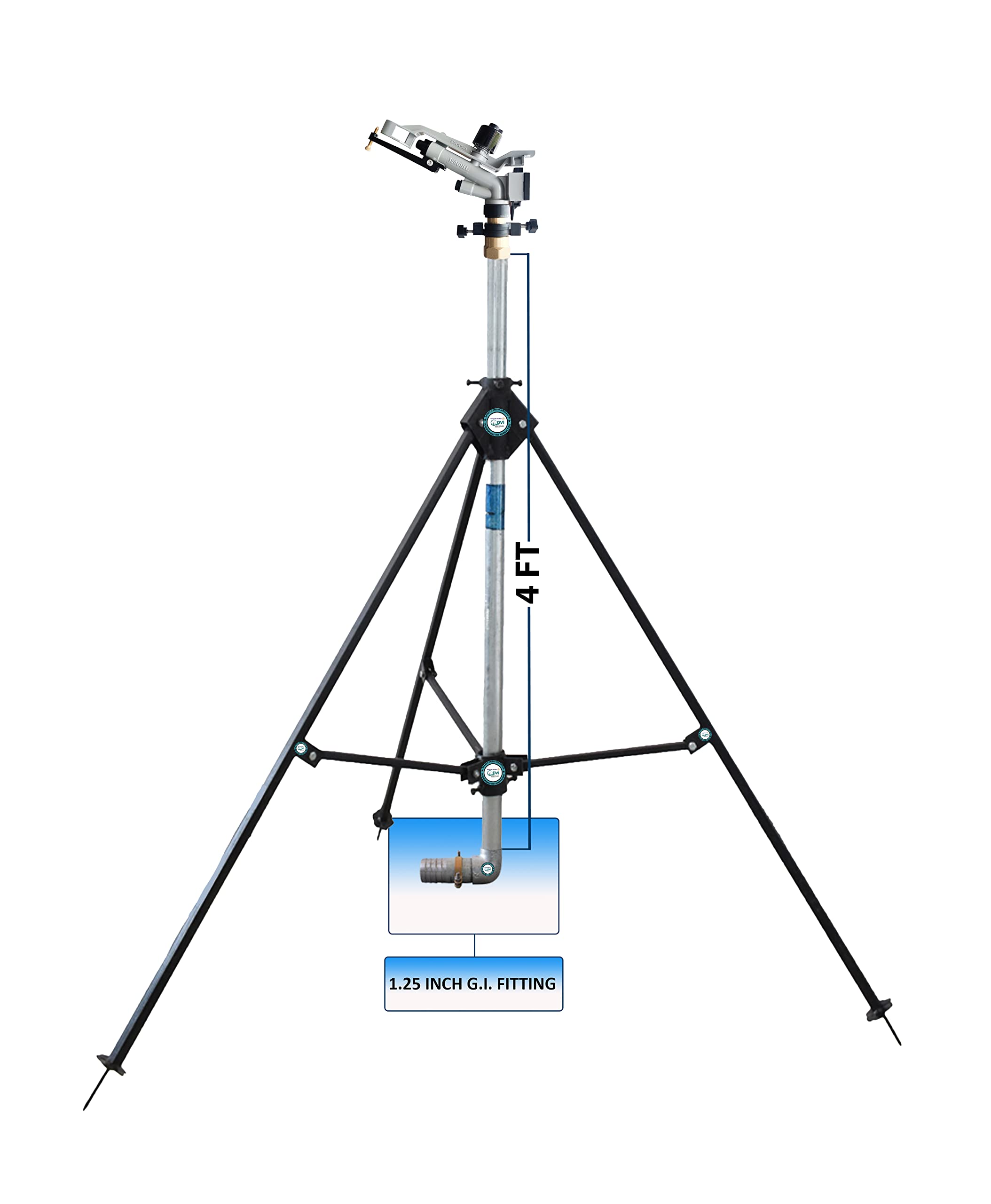 DVI AUTOMAT 1" inch raingun Set with HT30G ISI Seagul rain Gun | Pipe Connector, 4FT ISI GI Riser Pipe, 3 Leg Heavy Duty Height Adjustable Stand (GI Type Connector, 1.25" inch GI Nipple)