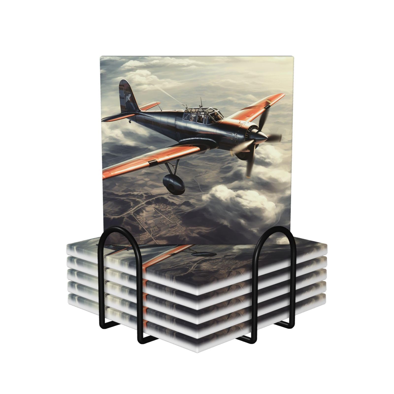 6Pcs Ceramics Coaster for Drinks, Retro Airplane Cup Coasters with Holder, Aesthetic Drink Coasters for Coffee Table, Absorbent Round Coaster for Tabletop Protection 4" Cup Mat Pad