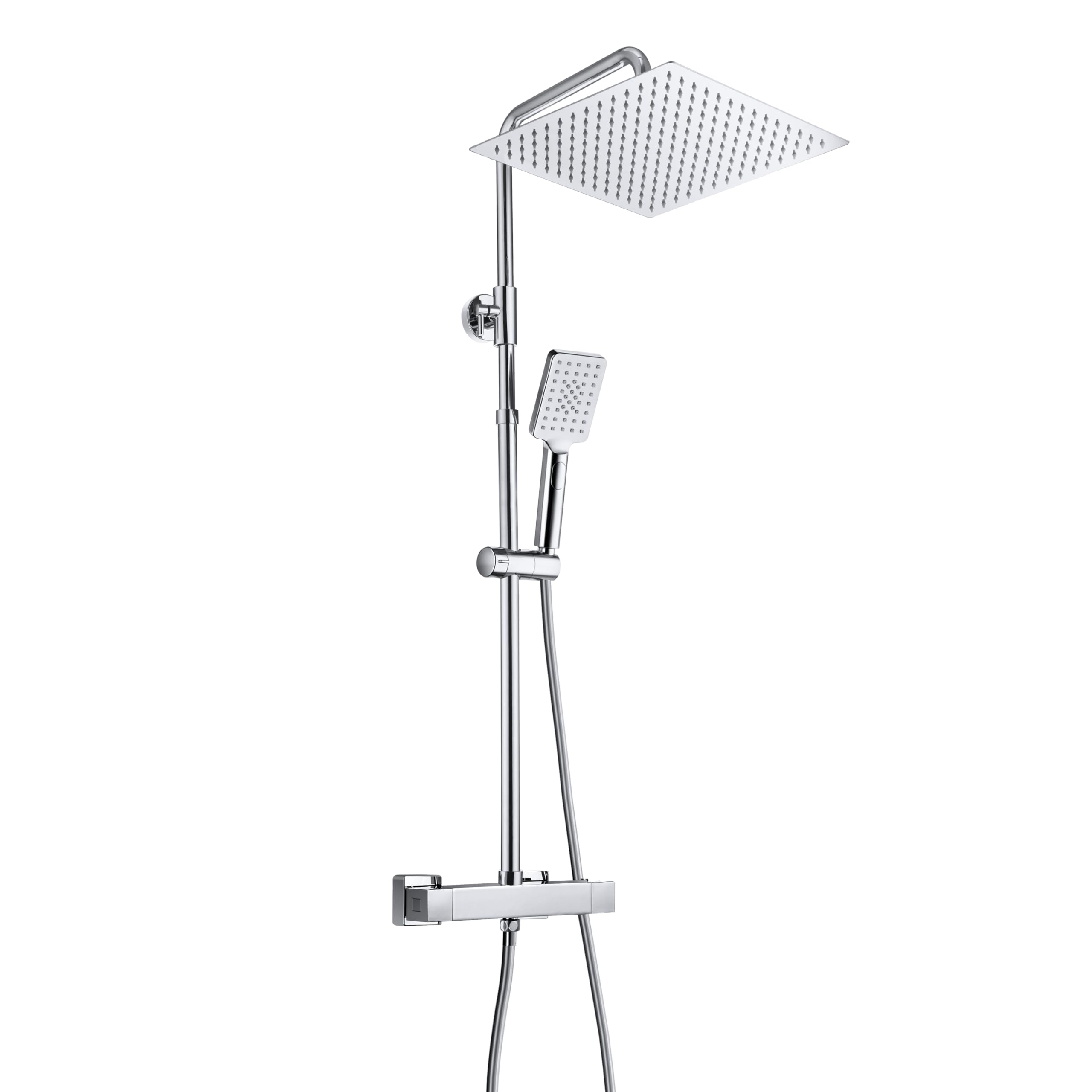 JOHO Thermostatic Valve Anti Scald 38℃ Shower Mixer Set Shower System in SUS 304 Bathroom Shower Bar Bracket Adjustable Height and Rainfall Shower Head Angle Adjustable Chrome 30x30cm.