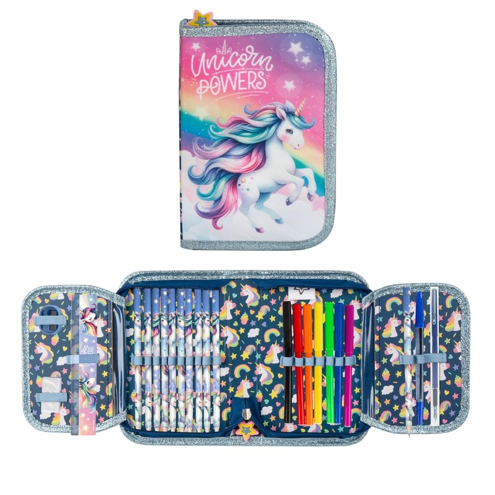 Familando - Schulranzen Set - 8-teilig mit Federmappe - Einhorn Regenbogen - Ergonomisch, stabil & mit gepolstertem Rücken - 1010g leicht - 18L Volumen - Mit Reflektoren - Für Grundschule ab 1. Klasse
