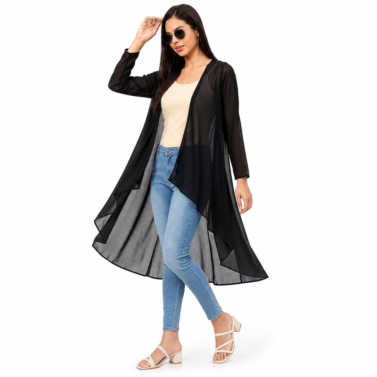 perfectfashion K3 Women's Georgette Shrug - Sheer High-Low Waterfall Cardigan with full Sleeves, Lightweight Open Front Longline Drape for Casual or Formal Occasions-picture-55