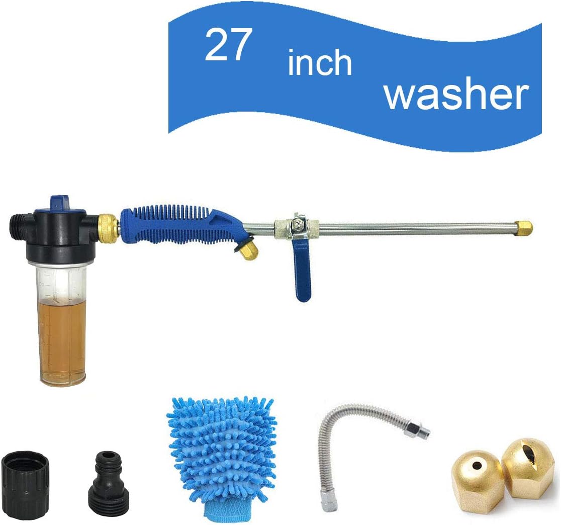 Hydro Jet High Pressure Glass Washer - 27'' Extendable Power Car Washer Wand, Garden Water Hose Attachment Nozzle, Pliable Auto Washer and Watering Sprayer, Window Cleaning with Foam Cannon, 2 Tips