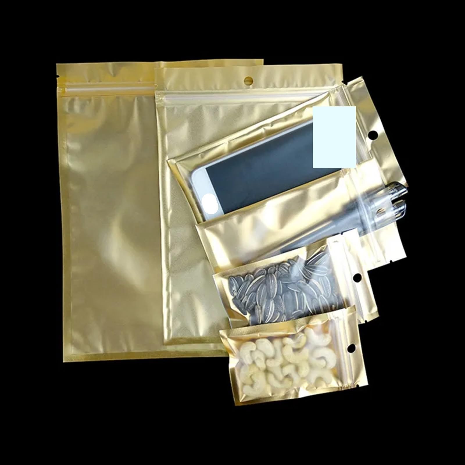 Sacs à Fond Plat refermables, Sachets à Fermeture éclair en Aluminium Fond Plat for Bijoux, Lot de 100, Couleur Or, Plusieurs Tailles(12x20cm)