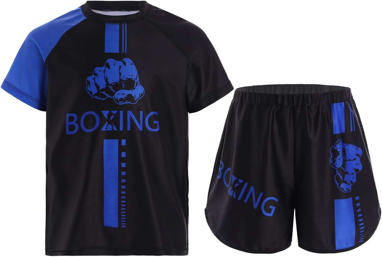 Jugaoge Kids Boys Boxing Outfit Kickboxing Training Suit Athletic Shirts with Muay Thai Boxer Trunks Set