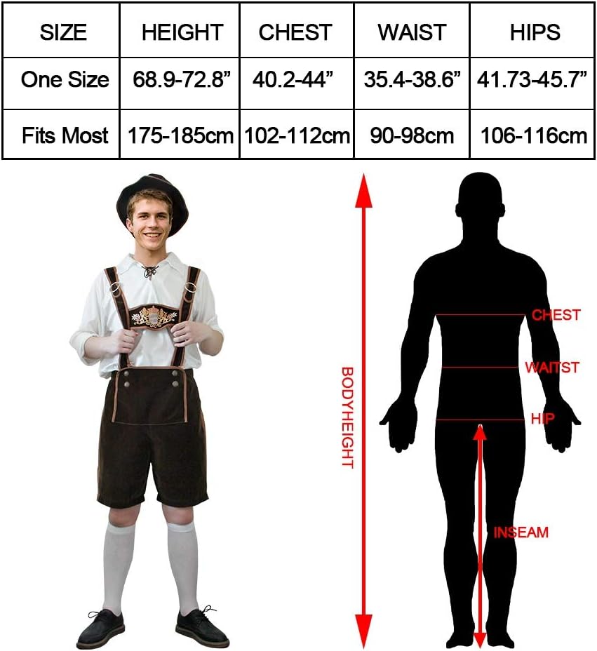 Men's German Lederhosen Oktoberfest Costume, One Size Fits Most (Fits Waist up to 39", Height 5'9"-6'1"), with Adjustable Suspenders