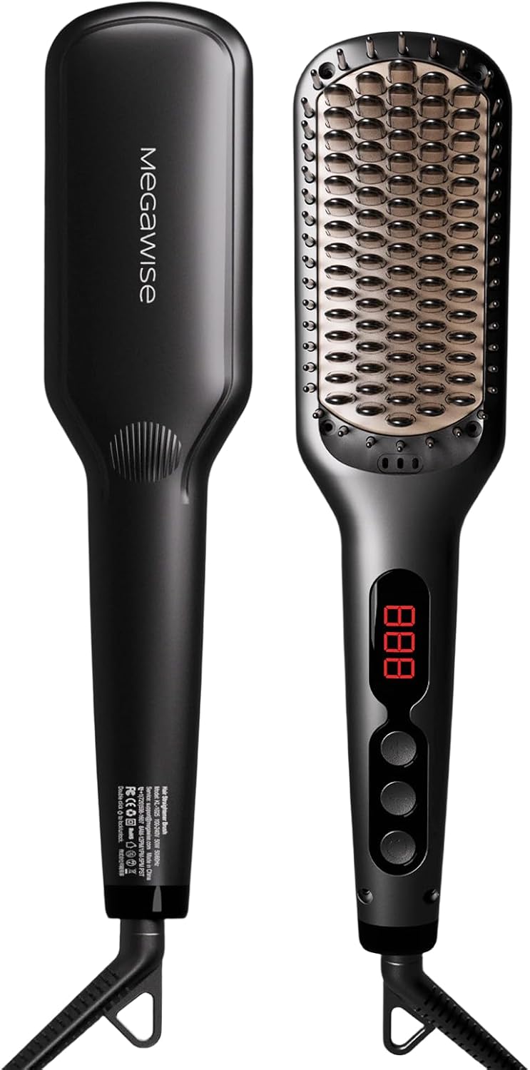 MEGAWISE Pro Ceramic Ionic Hair Straightener Brush - MCH 20s Fast Heat, Ion Protection, Anti-Scald, Dual Voltage (Black)