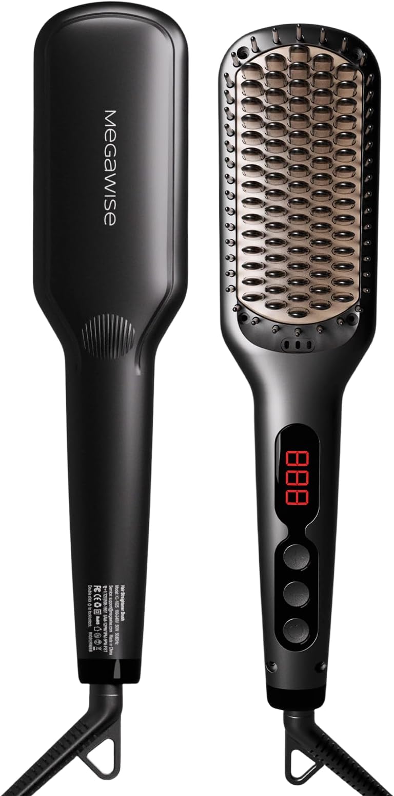 MEGAWISE Pro Ceramic Ionic Hair Straightener Brush for Home Salon | MCH Fast 20s Heating Tech with Auto-Off Safety | Anti-Scald with Universal Dual Voltage | Rotatable Power Cord (Black)