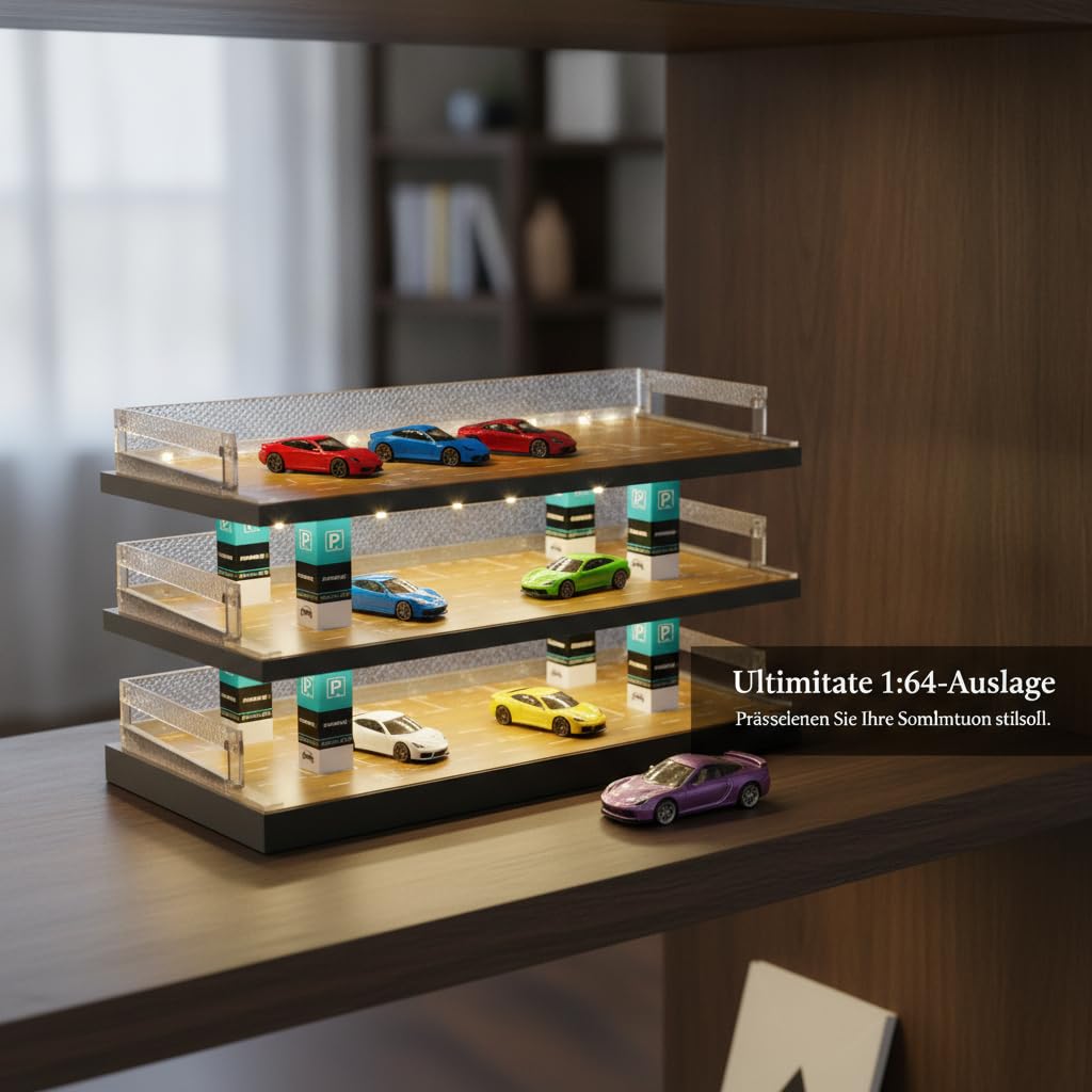 Garage per auto modellini 1:64, Diorama Parcheggio a 3 Livelli con Illuminazione LED, Vetrina Espositiva per Auto Diecast