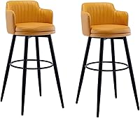 Vista 14 de Juego de 2 taburetes de bar giratorios modernos con Brazos, asientos de cuero napa, patas de metal negro y reposapiés, sillas de isla de cocina