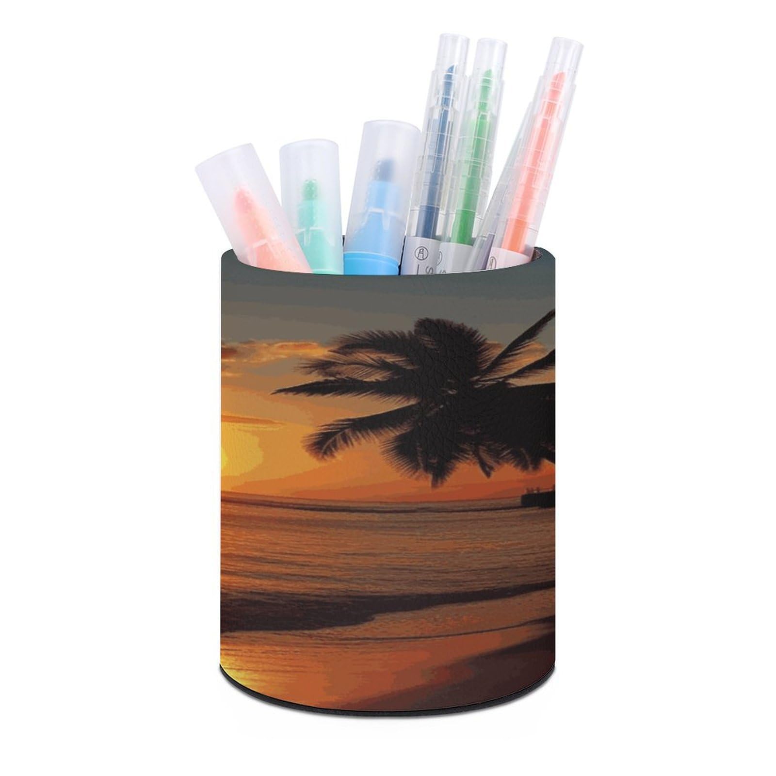 MUSM Sunset Ocean Sea Tropical Island Palm Tree Scenery Picture Pen Holder Large Capacity Pen Holder Modern PU Pencil Holders Durable Waterproof Pens Cup for Home Office Desktop Organizer