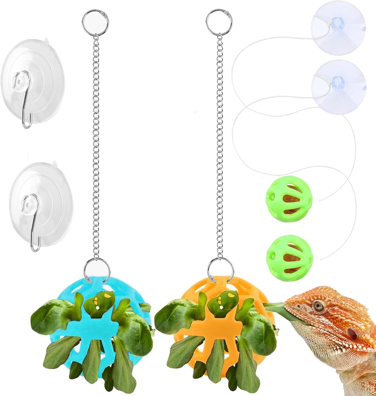 Bearded Dragon Accessories Interactive Feed Bell Balls with Suction Cup for Lizard Pet Habitat Decor Enhancements Small Animal Enrichment Supplies for Bearded Dragon Owners（Orange and Blue ）