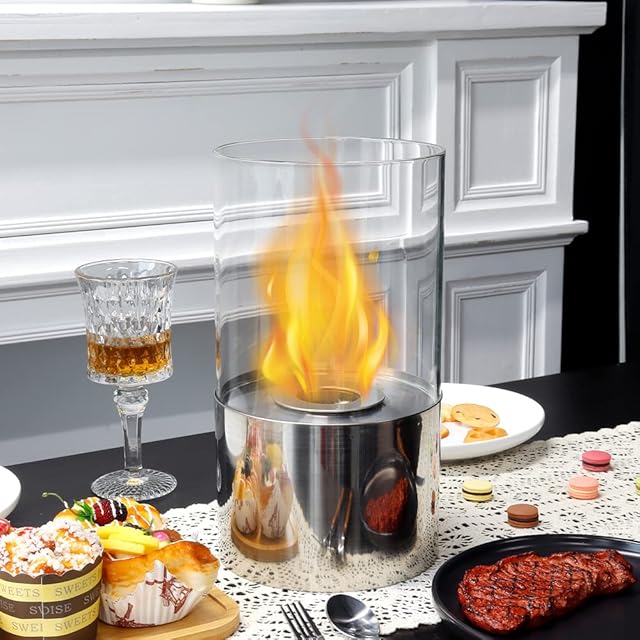 JSMY Silver Table Fireplace Bio Ethanol Fuel Fire Bowl for Indoor Garden Balcony Outdoor Living Room Home(Large)