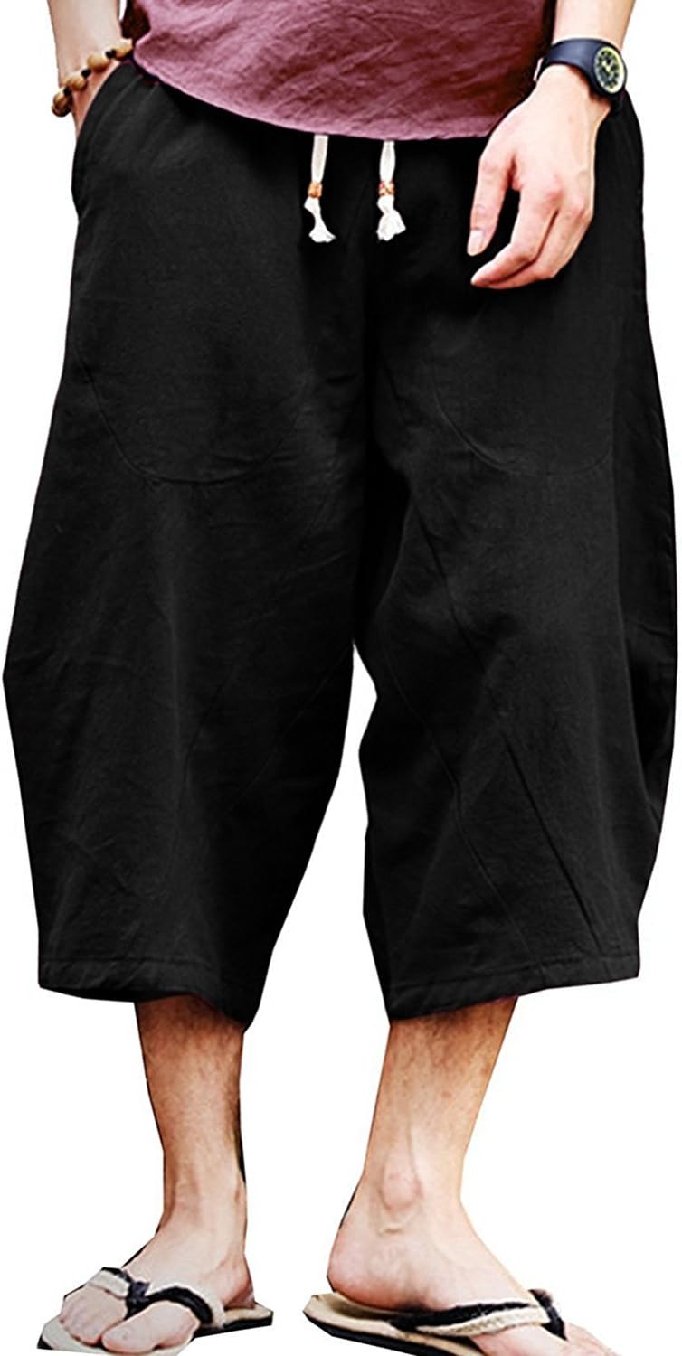 Mens Casual Baggy Cotton Linen Pocket Lounge Harem Pants Beach Long Shorts
