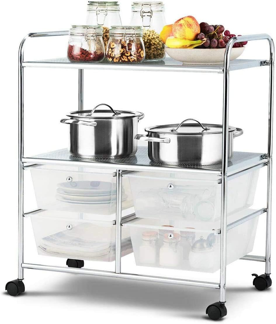 Byroce Storage Cart, Rolling Storage Cart w/4 Drawers & 2 Shelves, 3-Tier Storage Trolley with Handles & Wheels, Utility Cart with Metal Rack Shelf (White)