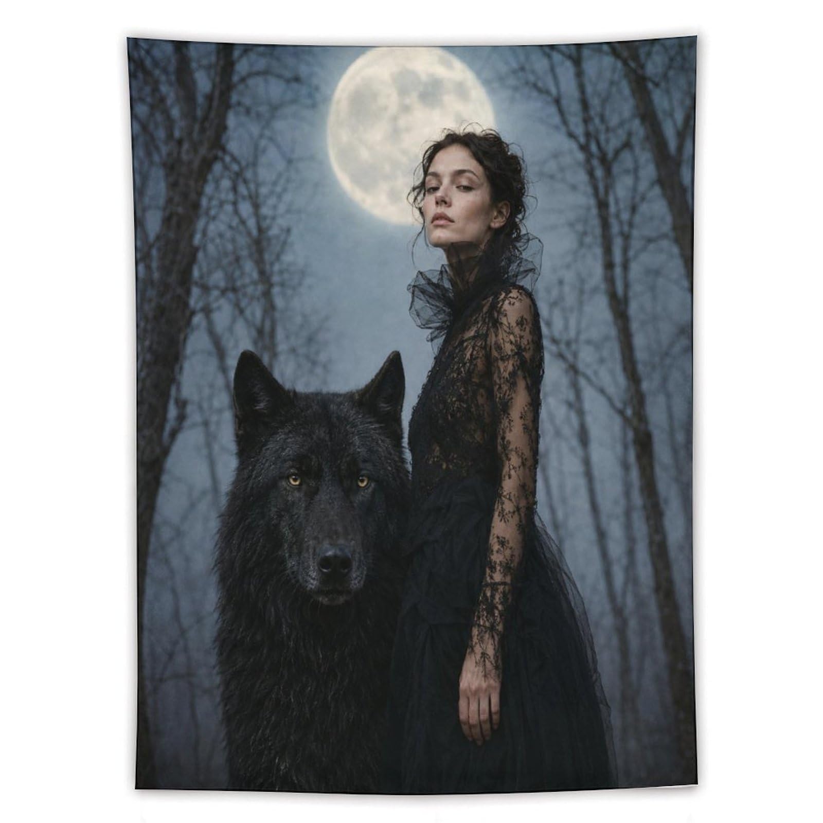 H3B8U2Y5 Woman with Black Wolf Wall Tapestry, Surrealist Style, Apartment