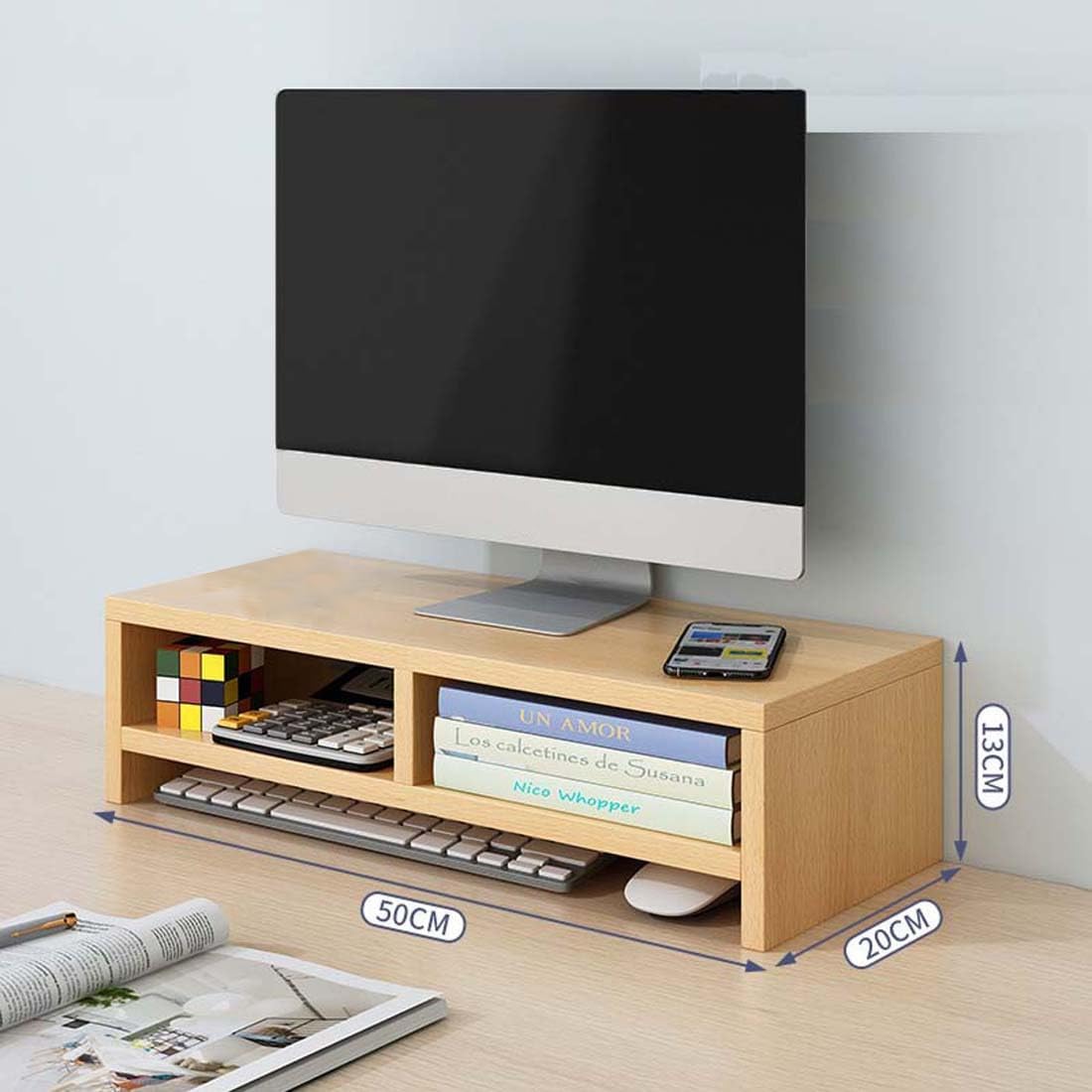 2-poziomowy drewniany stojak na monitor, ergonomiczny pion monitora komputerowego z półką do przechowywania, organzier biurkowy, artykuły biurowe, stojak na laptopa PC, notebooka, maksymalne