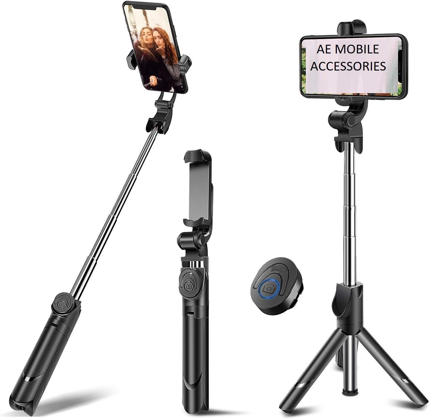 Ae Mobile Accessories Selfie Stick Tripod Bluetooth Extendable Selfie Stick with Wireless Remote Shutter and Integrated Tripod Stand Selfie Stick for iPhone, Samsung, All Android, All Type C or More