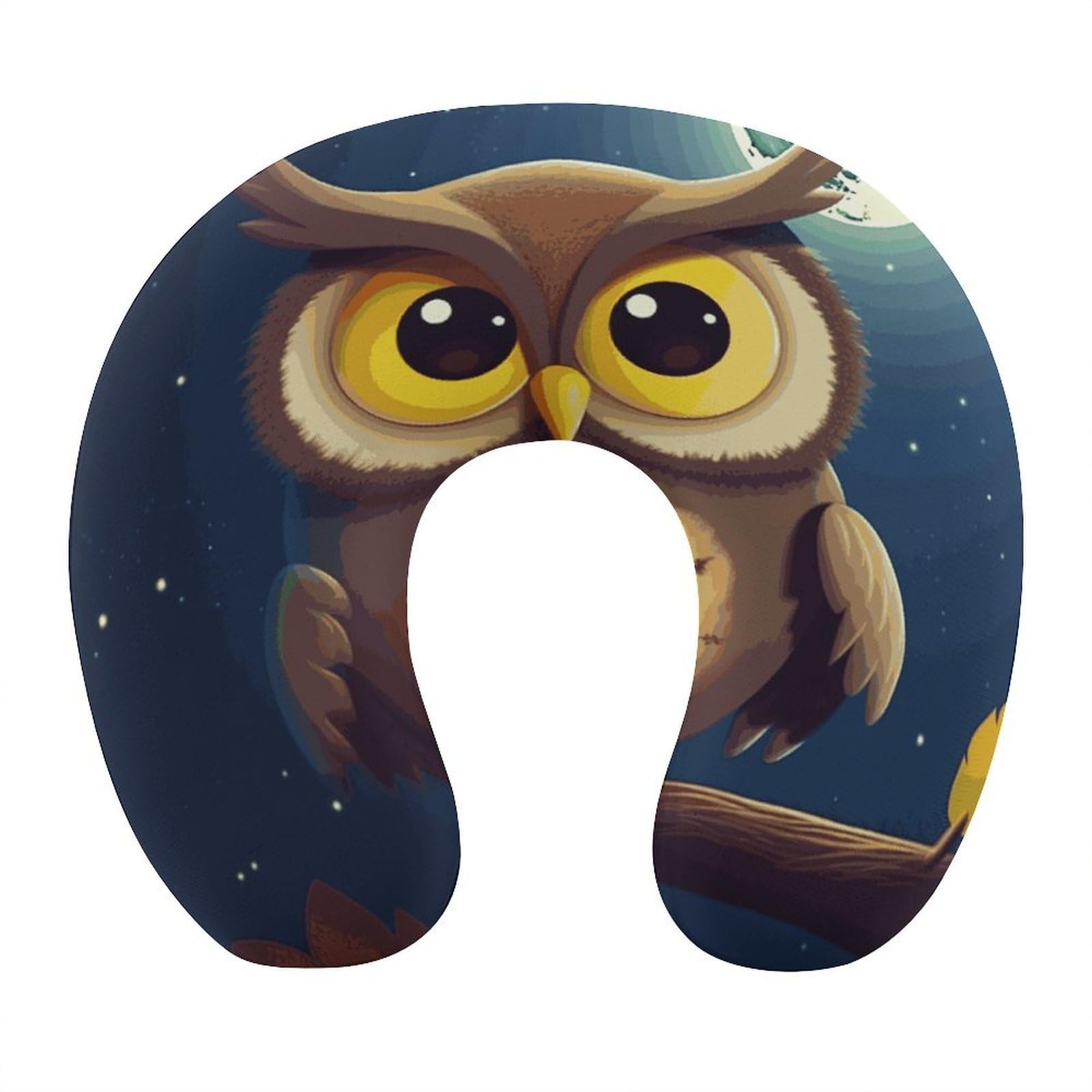 FekiLoot Owl and Yellow Moon Travel Pillow,U Shaped Office Napping Pillow Support Neck and Head Comfortable Travel Neck Pillow U Shape Sleeping Essentials for Long Haul Flights