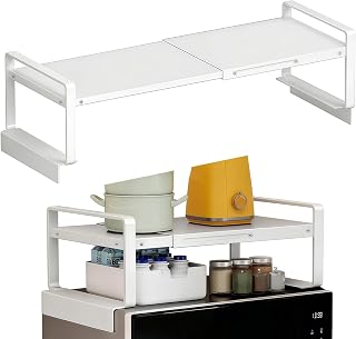 (17-31.5 inches) Adjustable Refrigerator or Washer Top Storage Rack - Expandable Organizer Shelf, L-Shaped Protective Card Slot Design for Kitchen, Laundry Room, Dorm -Durable Metal Space Saver-White