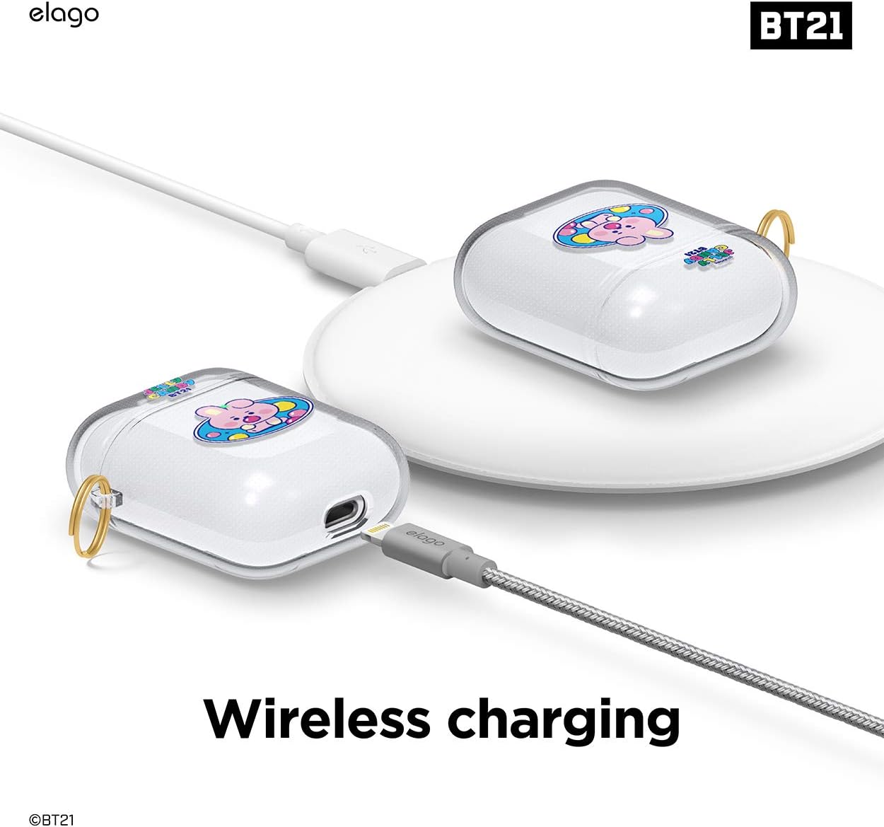 elago BT21 Case Compatible with Apple AirPods Case 1 & 2, Clear Case with Keychain, Reduced Yellowing and Smudging, Supports Wireless Charging [Official Merchandise] [Cooky]