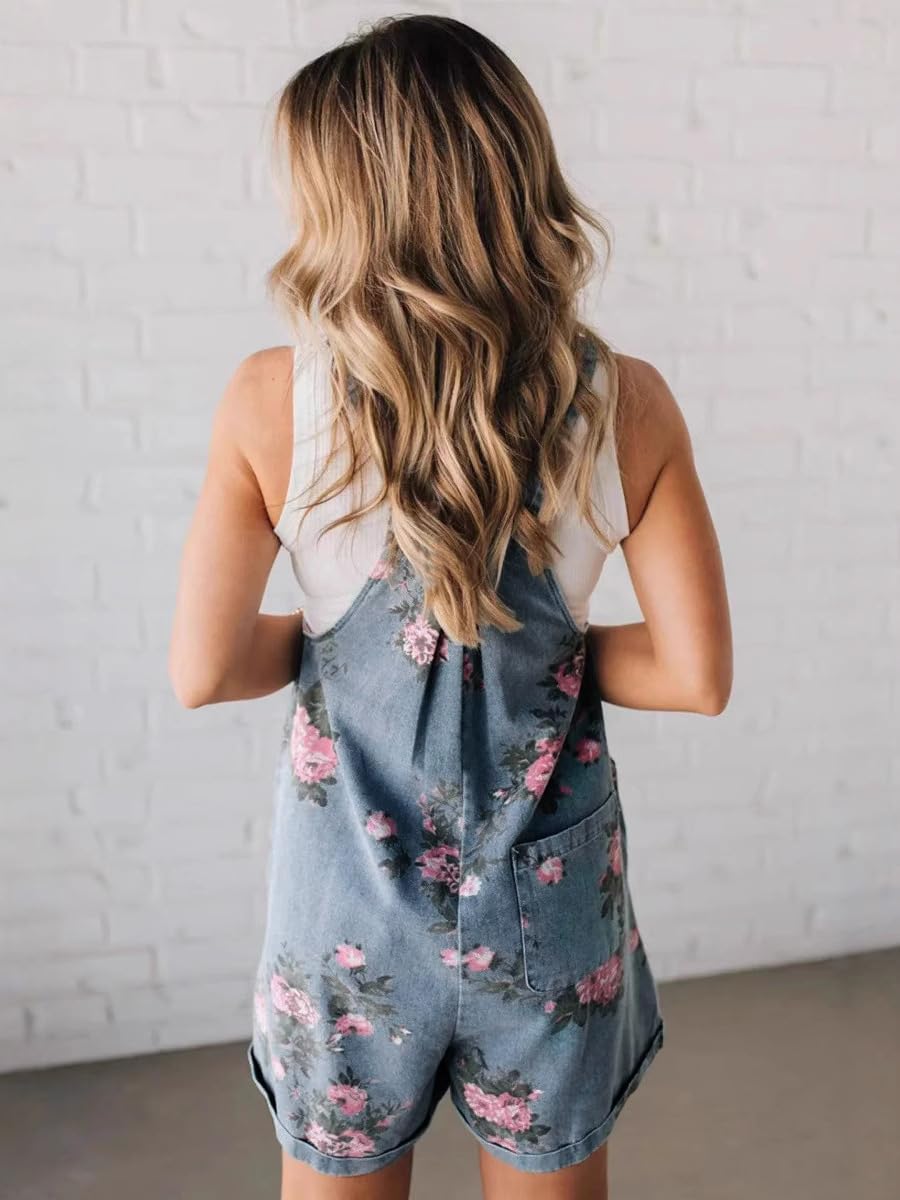 yoeasy Women Casual Denim Bib Shorts Overalls Sleeveless Adjustable Straps Wide Leg Boho Floral Printed Baggy Rompers