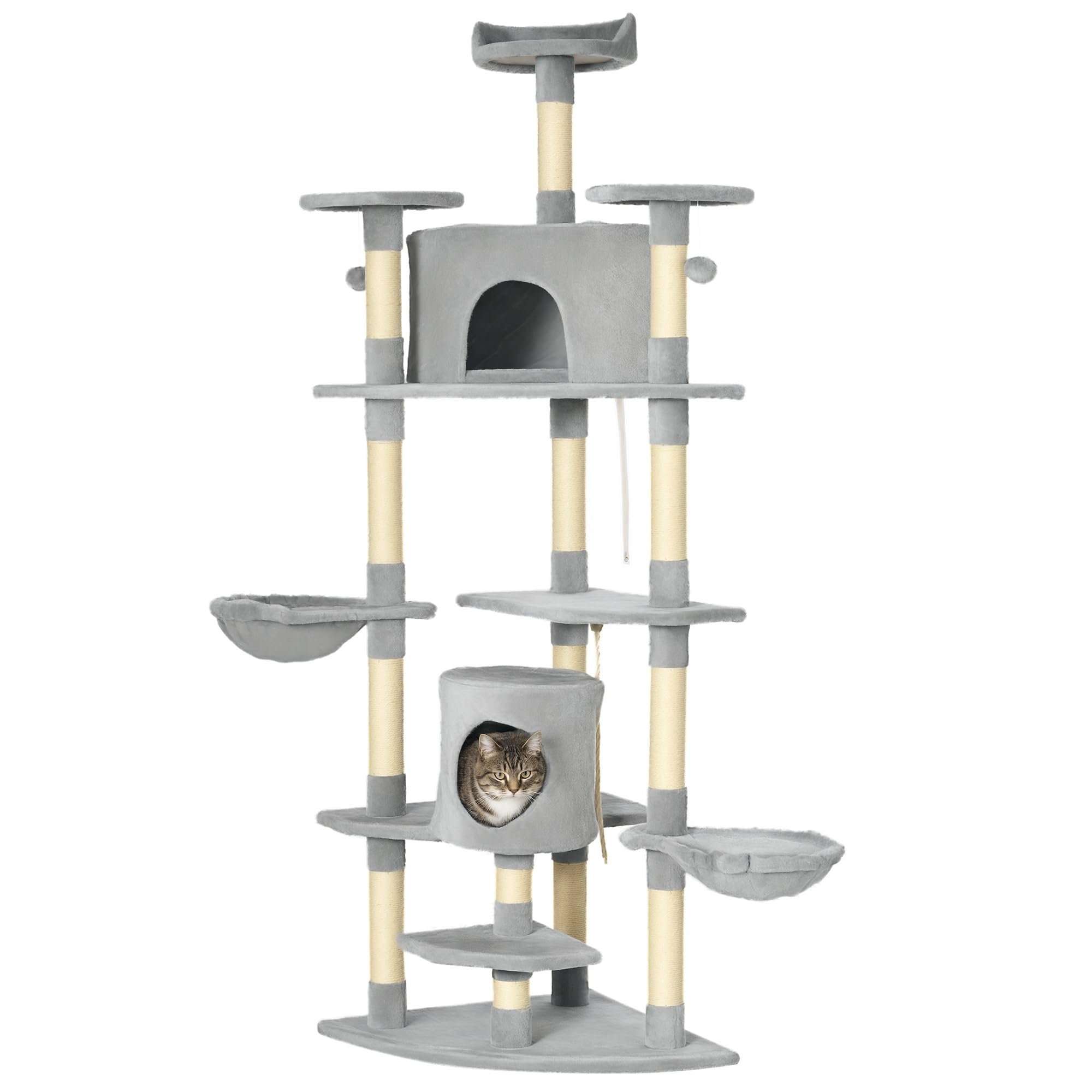 PawHut Albero Tiragraffi per Gatti Alto 200cm 60x60x200cm Grigio Chiaro