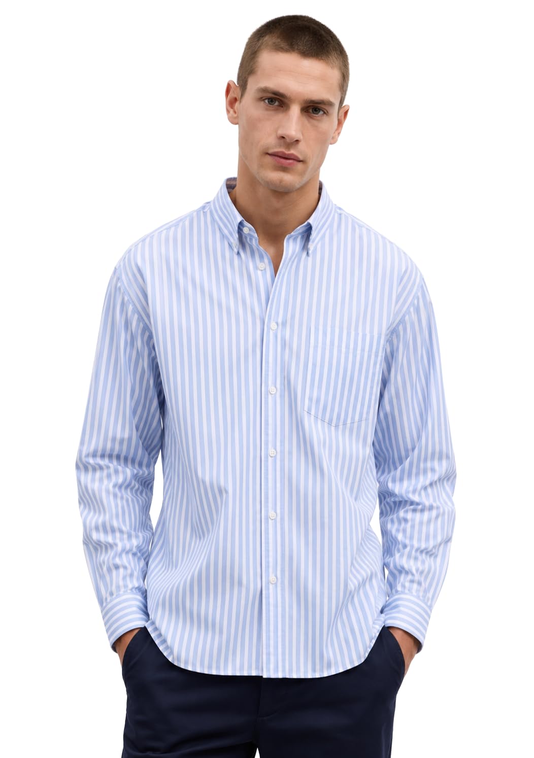 nakul sakhiya Men's Striped Oxford Shirt | 100% Cotton Full Sleeve Casual Shirt for Men | Regular Fit Button Down Collared Shirt for Office, Business (Sky Blue) (in, Alpha, XL, Regular)-picture-14
