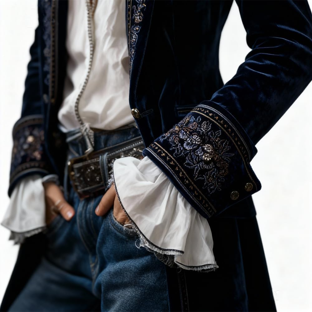 Velvet Blazer Jackets for Women Vintage Renaissance Gothic Lace Velvet Pirate Jacket Long Victorian Coat - Image 4